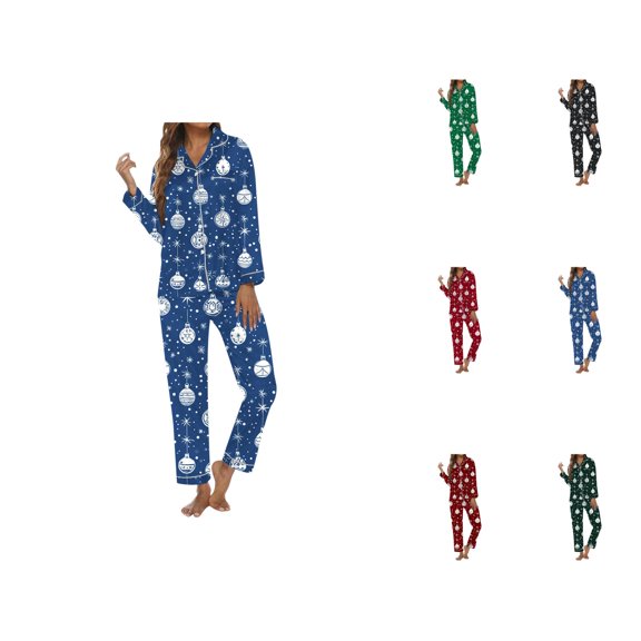 Summer Pajama Sets – Women's Lounge Sets & Cropped Sleep Tops Women's Christmas Christmas Printed Button Pocket Long Sleeve Trousers Home Pajama Set