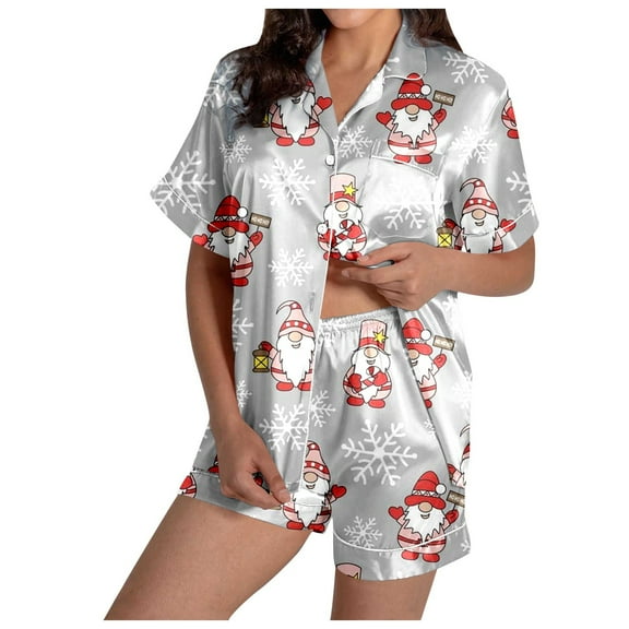 Summer Pajamas for Women Set – Lightweight Cotton Sleepwear, Cozy Lounge Sets Women's Santa Print Short Sleeve Shirt & Shorts Pajama Set Festive Sleepwear Combo