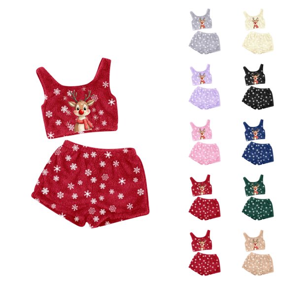 Summer Pajamas for Women – Strappy Tank Loungewear Set Women's Christmas Printing Two Piece Set Tank Top And Shorts Comfortable Sleepwear And Loungewear Outfit