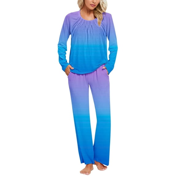 Summer Pajamas for Women Plus Size Gradient Print Lightweight Sleepwear with Pants Summer Crew Neck Long Sleeve Pajamas Summer Pajamas