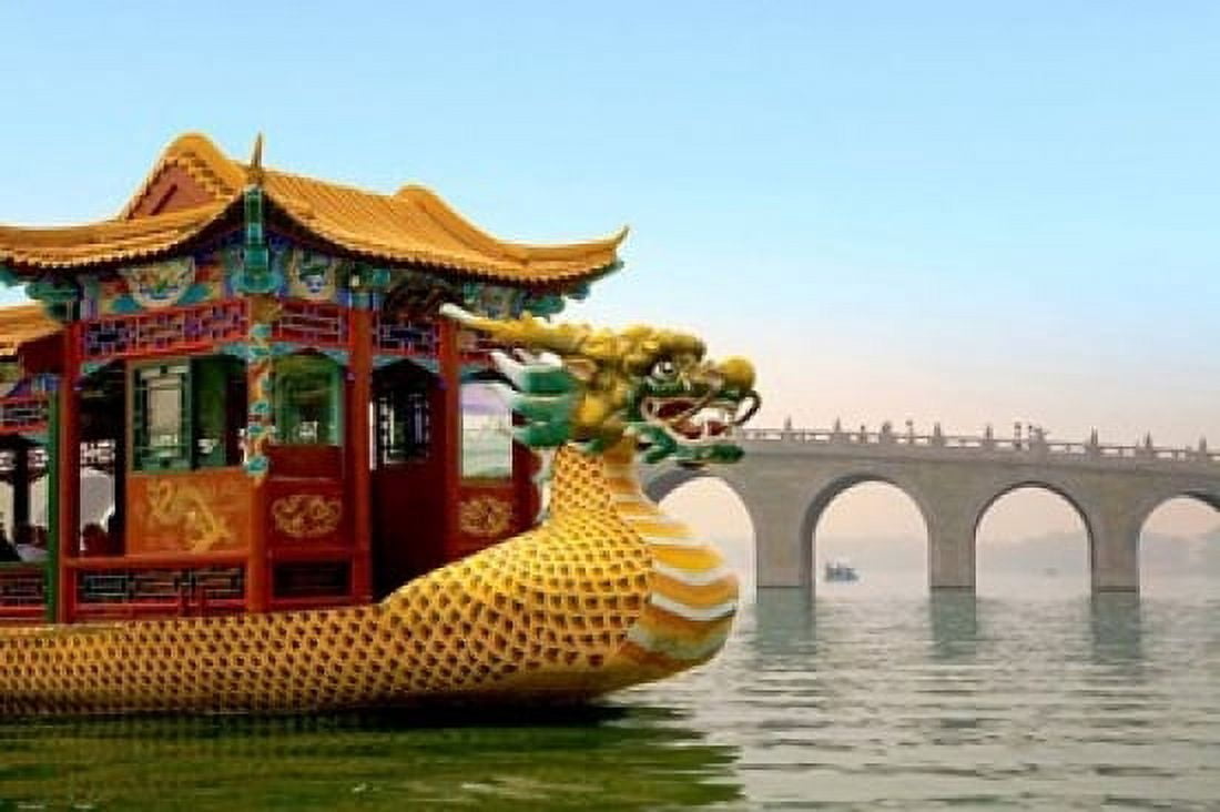 The Summer Palace a traditional Dragon Boat passes the Seventeen Arch Bridge Kunming lake Beijing China Canvas Art - Miva Stock DanitaDelimont (15 x 10)