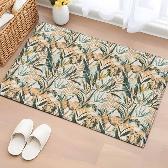 Summer Palm Leaf Bathroom Rug Washable 2x3 Entryway Rug Non Slip Topical Vintage Botanical Leaves Front Door Mat Low Pile Indoor Doormat Throw Floor Carpet for Kitchen Bedroom Entrance