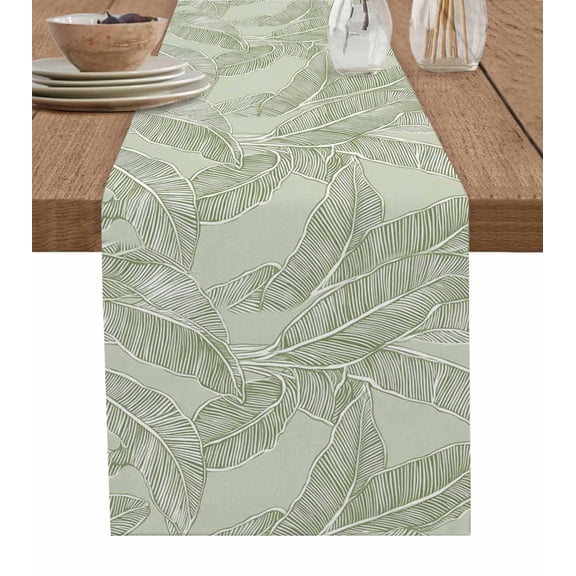 Summer Palm Leaf Burlap Cotton Table Runner 13x60 Inches Long, Green Tropical Bloom Silhouettes Farmhouse Table Runners, Outdoor Dining Tablecloths Decor for Baby Shower/Party/Wedding