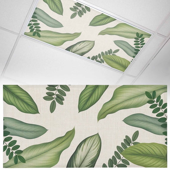 Summer Palm Leaf Fluorescent Light Covers Green Tropical Plants Nature Leaves Linen Magnetic Light Filters Ceiling Lighting Panel Shade for Classroom Office Home 2 x 4 ft, 1 Pack