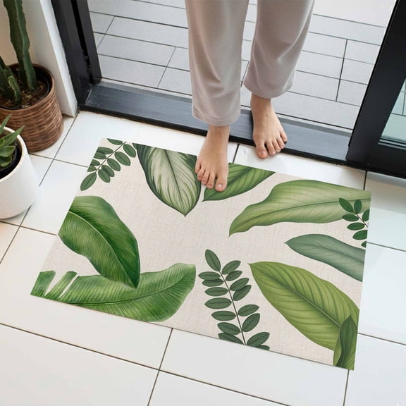 Summer Palm Leaf Indoor Door Mat 16x24 Inch Green Tropical Plants Nature Leaves Linen Front Door Mat Non Slip Washable Entryway Rug Low Profile Dirt Trapper Doormat for Bathroom Kitchen Bedroom