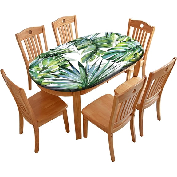 Summer Palm Leaf Oval Fitted Tablecloths, Jungle Plant Wipe Clean Elastic Table Cover, for Indoor Kitchen Dining Room or Outdoor Picnic Party Patio Decoration, Fits to 48" x 68" Oval Table, Green