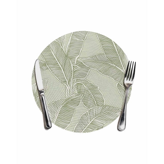 Summer Palm Leaf Round Placemats for Dinning Tables,Heat-proof Braided Table Mats 13 Inch,Green Tropical Bloom Silhouettes Washable Place Mat for Kitchen Restaurant Party Decor Supplies Table Setting