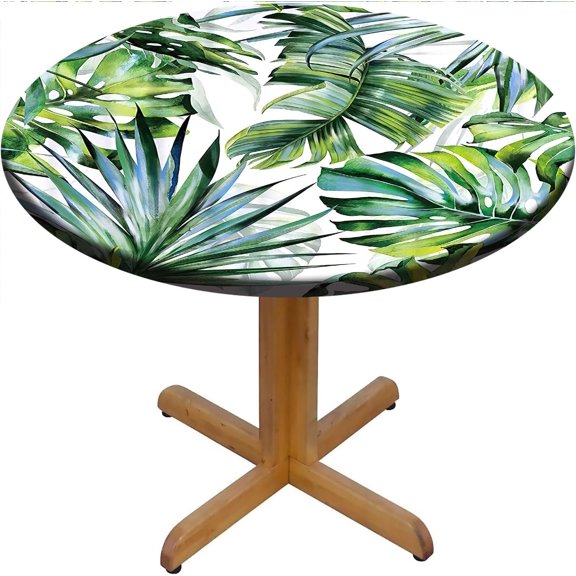Summer Palm Leaf Round Table Cloth, Green Jungle Plant Elastic Edge Fitted Wipe Clean Table Cover for Camping Outdoor, Fits Tables Up to 44" Diameter