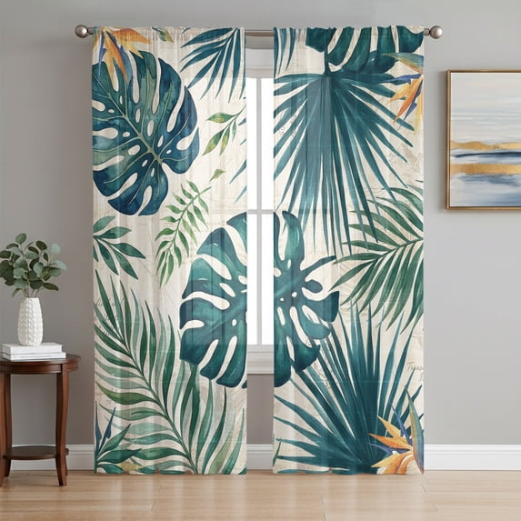 Summer Palm Leaf Sheer Curtains 96 Inch Length 2 Panels Set, Tropical Botanical Monstera Leaves Voile Window Treatment Semi Sheer Long Curtains Drapes for Bedroom/Living Room/Kitchen 52"x96"x2