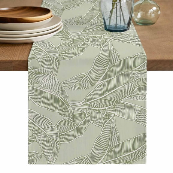 Summer Palm Leaf Table Runner, Green Tropical Bloom Silhouettes Washable Cotton Linen Table Runners 36 Inches Long, Dresser Scarf Runner for Nightstand/End Tables/Round Tables 13''x36''