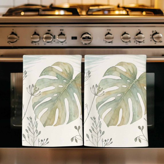 Summer Palm Leaves Kitchen Towels Set of 3, Green Botanical Tropical Plant Absorbent Dish Towels for Kitchen, Microfiber Hand Towel, Quick Drying Tea Towel for Cleaning Decorative Dishcloths