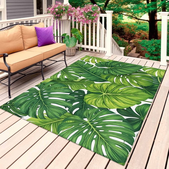Summer Palm Leaves Outdoor Rug 4x6 Ft, Non Slip Washable Area Rug, Tropical Green Botanical Patio Rugs Carpet Runner, Large Floor Mat for Indoor/Outdoor Deck Porch Camping