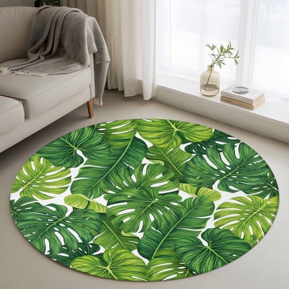 Summer Palm Leaves Round Area Rug 4Ft Washable Circle Rugs for Bedroom Dining Room, Tropical Green Botanical Non-Slip Carpet Floor Mats Indoor Outdoor Carpet Runner Aesthetic Home Decor