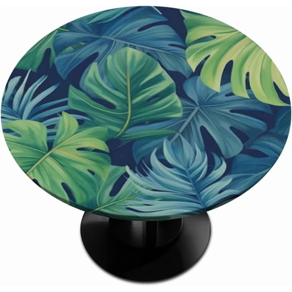 Summer Palm Leaves Round Fitted Tablecloth with Elastic Table Cover Round Elastic Tablecloth, Waterproof Wipeable Fitted Table Cloth, Fits Tables up to 36"-42" Diameter