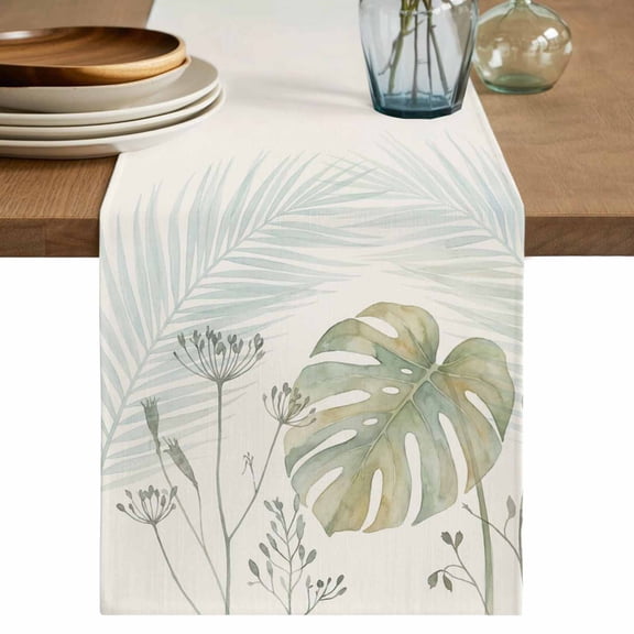 Summer Palm Leaves Table Runner, Green Botanical Tropical Plant Washable Cotton Linen Table Runners 36 Inches Long, Dresser Scarf Runner for Nightstand/End Tables/Round Tables 13''x36''