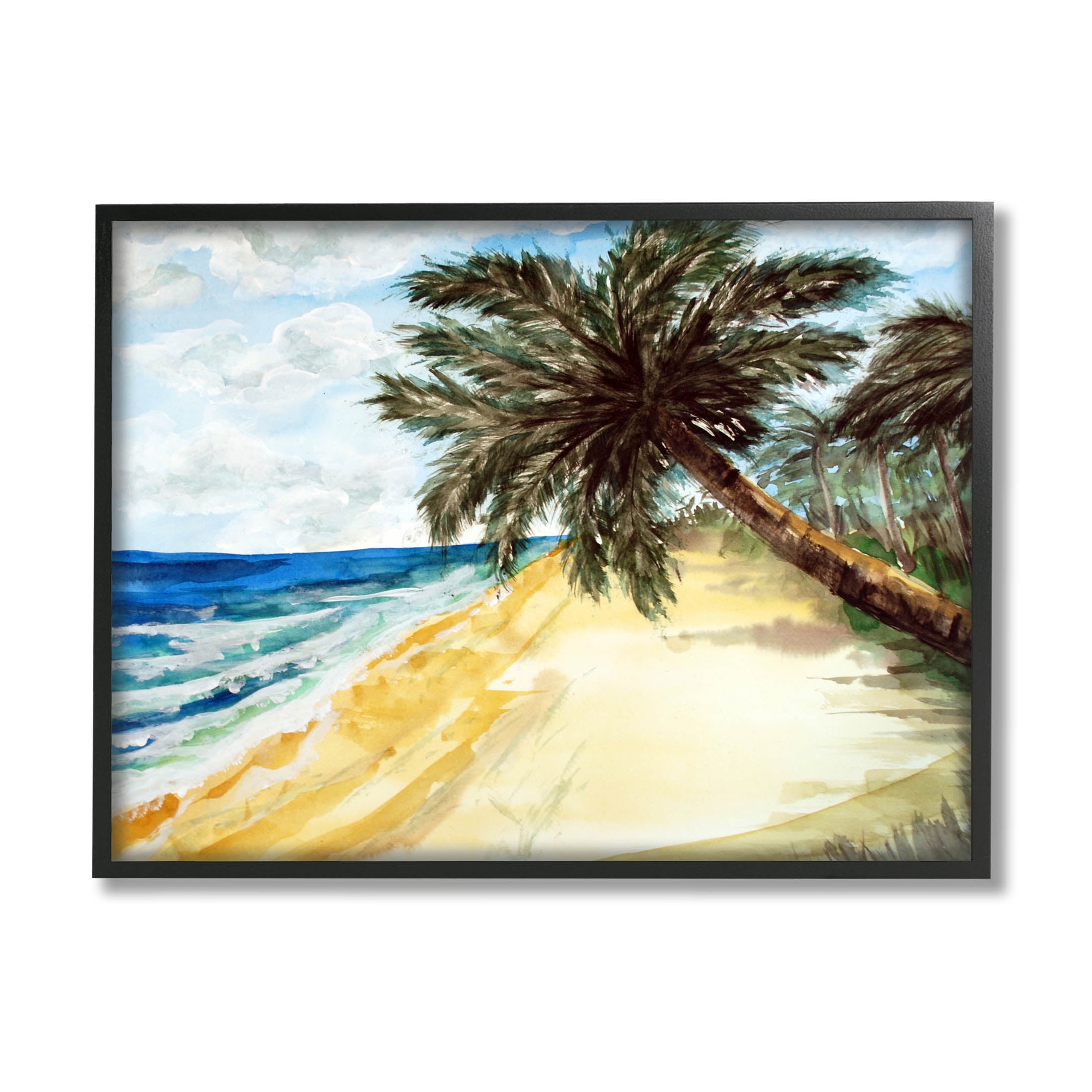 Summer Palm Overhanging Beach Coastal Painting Black Framed Art Print Wall Art