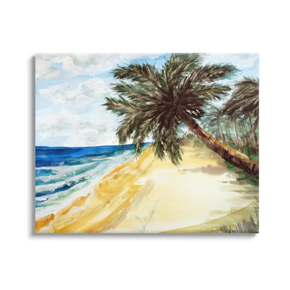 Summer Palm Overhanging Beach Coastal Painting Gallery Wrapped Canvas Print Wall Art