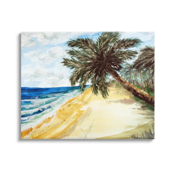Summer Palm Overhanging Beach Coastal Painting Gallery Wrapped Canvas Print Wall Art