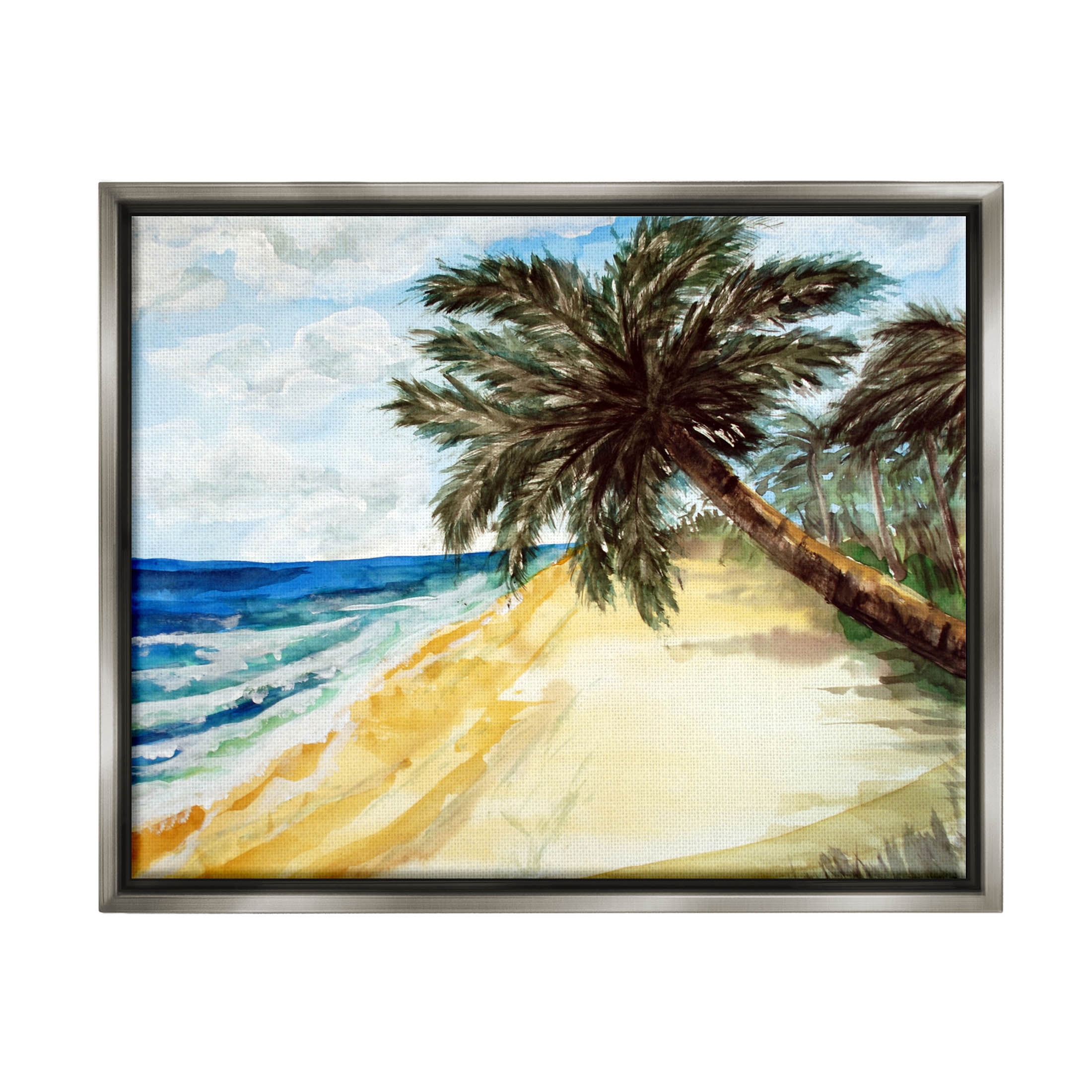 Summer Palm Overhanging Beach Coastal Painting Luster Gray Framed Art Print Wall Art