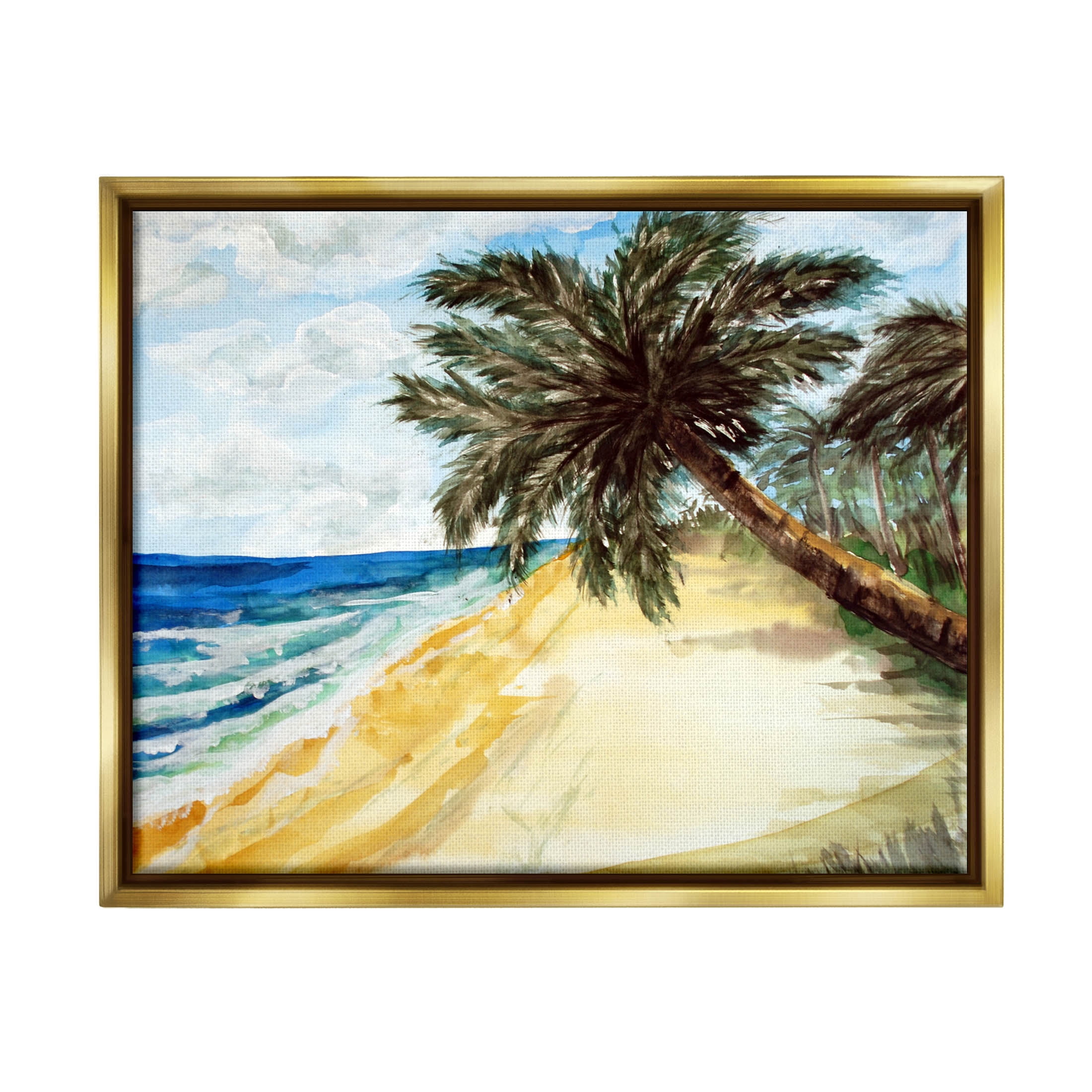 Summer Palm Overhanging Beach Coastal Painting Metallic Gold Framed Art Print Wall Art