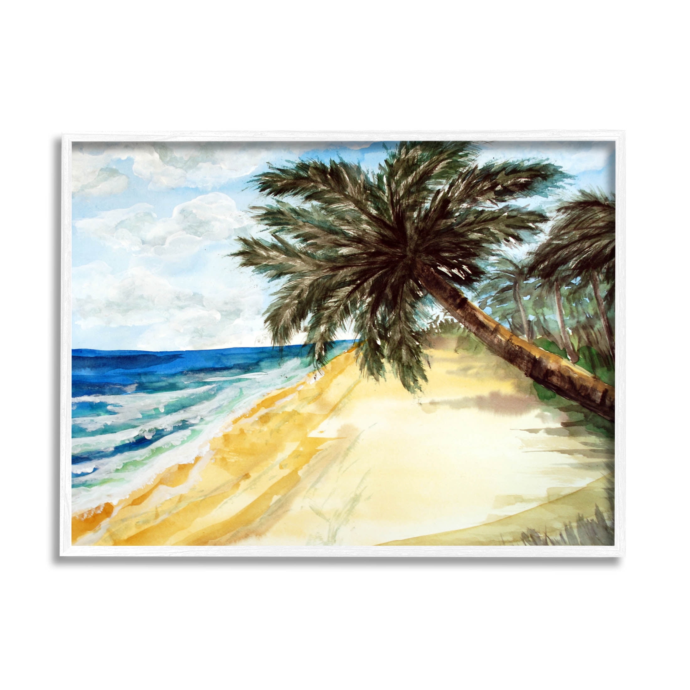 Summer Palm Overhanging Beach Coastal Painting White Framed Art Print Wall Art