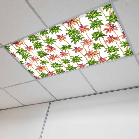 Summer Palm Tree 1 Pc Fluorescent Light Cover 4 x 2 Feet, Country Coastal Beach Botanical Green Red Tree Covers for Ceiling Lights Magnetic Light Cloth Filter for Classroom Office Home