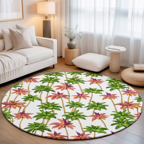 Summer Palm Tree 3.3' Round Washable Rugs for Bedside Reading Corner, Country Coastal Beach Botanical Green Red Tree Stain Proof Non Slip Circle Area Rug for Entryway Front door