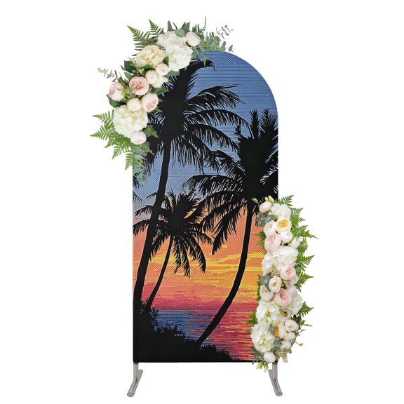 Summer Palm Tree Arch Backdrop Cover 4FT, Boho Tropical Beach Orange Blue Sunset Spandex Fitted Stretchy Arch Stand Covers, Round Top Chiara Backdrop Cover for Wedding Party Birthday Baby Shower