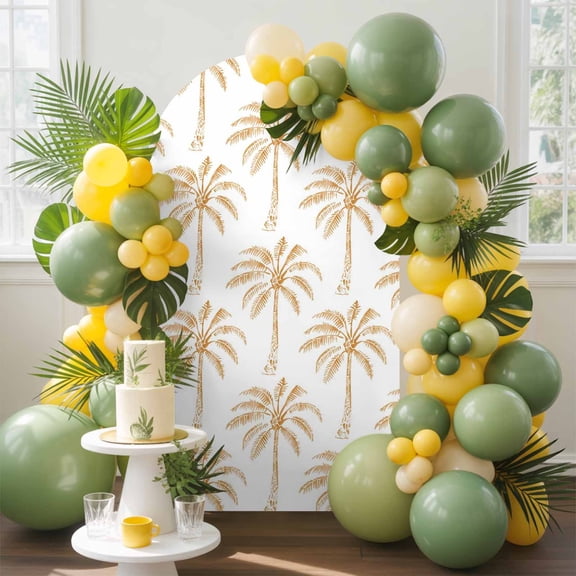 Summer Palm Tree Arch Backdrop Cover, 4FT, Coastal Beach Minimalist Tropical Orange Tree Leaf Spandex Arch Covers Double-Sided Backdrop for Wedding Birthday Party Photo Background Decoration