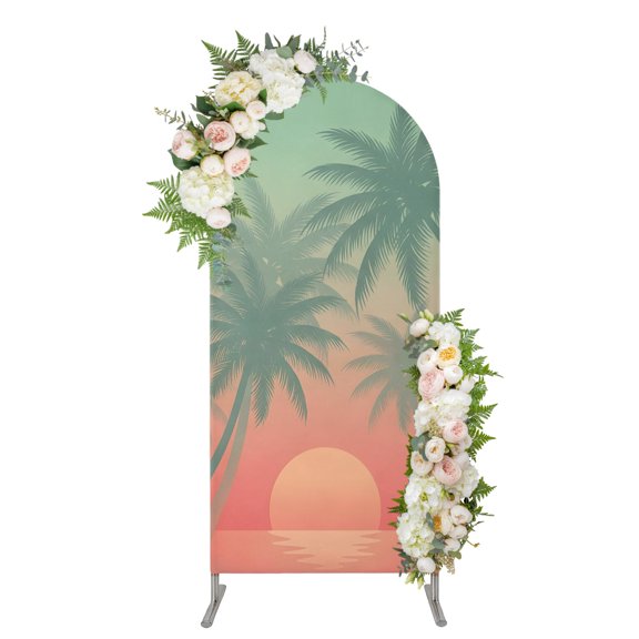 Summer Palm Tree Arch Backdrop Cover 4FT, Pink Sunset Ocean Sea Boho Tropical Plants Spandex Fitted Stretchy Arch Stand Covers, Round Top Chiara Backdrop Cover for Wedding Party Birthday Baby Shower