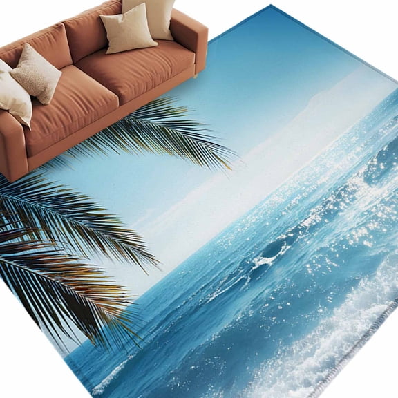 Summer Palm Tree Area Rug 5x7 Washable Rug Non Slip Coastal Beach Waves Sunshine Tropical Plants Large Area Rug Soft Stainresistant Indoor Floor Carpet for Living Room Bedroom Office Dining Room
