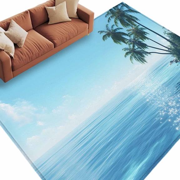 Summer Palm Tree Area Rug 5x8 Washable Rug Non Slip Coastal Waves Sunshine Tropical Plants Large Area Rug Soft Stainresistant Indoor Floor Carpet for Living Room Bedroom Office Dining Room Nursery