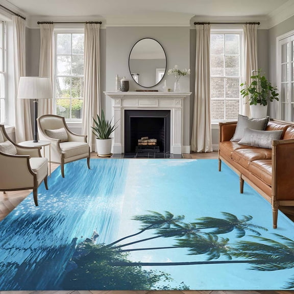 Summer Palm Tree Area Rugs 5'x8', Washable Small Throw Rugs for Classroom Bedroom, Coastal Waves Sunshine Tropical Plants Indoor Outdoor Rug Non-Slip Low Pile Carpet Runner Reversible Floor Mats