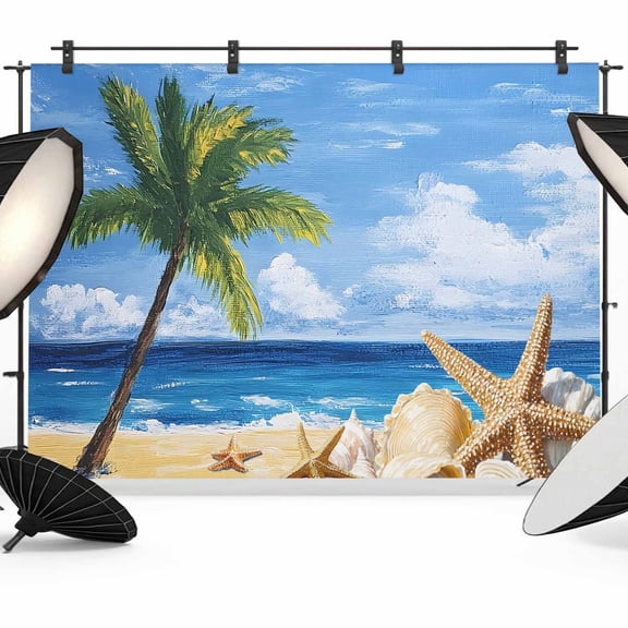 Summer Palm Tree Backdrop for Photoshoot,Photography Photo Studio Background Wall Backdrop,Beach Ocean Coastal Starfish Shells Back Drop Banner Panel for Portraits Wedding Party Live Streaming 7x5Ft