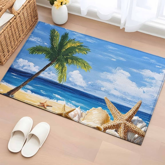 Summer Palm Tree Bathroom Mats 2x3 FT, Non Slip Small Kitchen Mat, Beach Ocean Coastal Starfish Shells Washable Soft Backed Front Door Throw Rugs Non-Shedding Indoor Outdoor Doormat for Entryway Sink