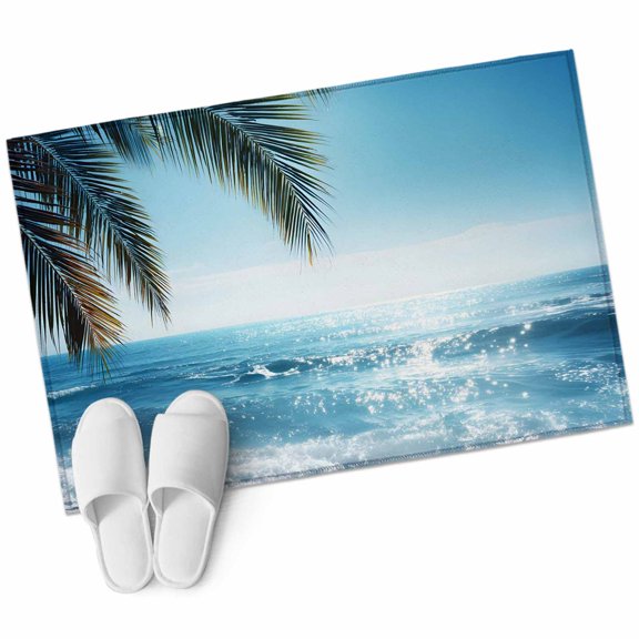 Summer Palm Tree Bathroom Rug Washable 2x3 Entryway Rug Non Slip Coastal Beach Waves Sunshine Tropical Plants Front Door Mat Low Pile Indoor Doormat Throw Floor Carpet for Kitchen Bedroom Entrance