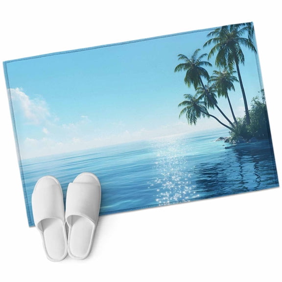 Summer Palm Tree Bathroom Rug Washable 2x3 Entryway Rug Non Slip Coastal Waves Sunshine Tropical Plants Front Door Mat Low Pile Indoor Doormat Throw Floor Carpet for Kitchen Bedroom Entrance