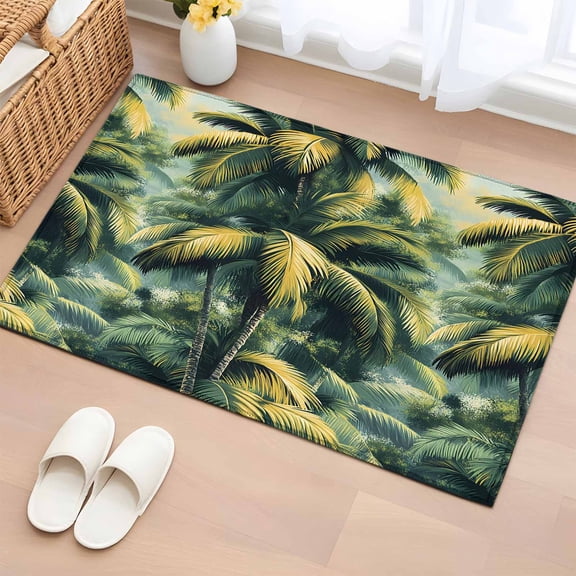 Summer Palm Tree Bathroom Rug Washable 2x3 Entryway Rug Non Slip Farmhouse Retro Tropical Plant Leaves Front Door Mat Low Pile Indoor Doormat Throw Floor Carpet for Kitchen Bedroom Entrance