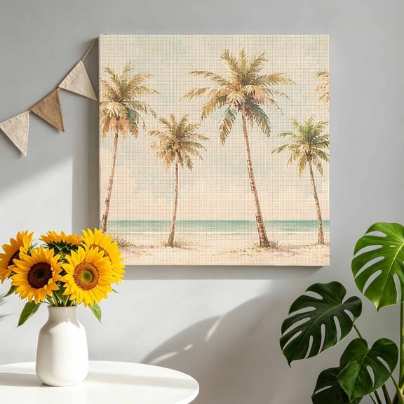 Summer Palm Tree Canvas Wall Art, Country Retro Tropical Coastal Beach Green Tree Leaf Framed Canvas Wall Decor Picture Print Artwork Decorations for Living Room Office Ready to Hang 8" x 8"