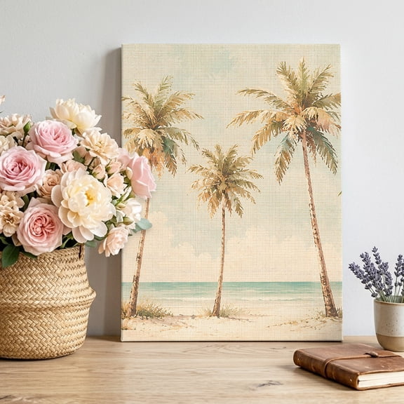 Summer Palm Tree Canvas Wall Art Framed Wall Decor for Living Room Bedroom Bathroom, Country Retro Tropical Coastal Beach Green Tree Leaf Canvas Pictures Ready to Hang Decor, 20"x30"