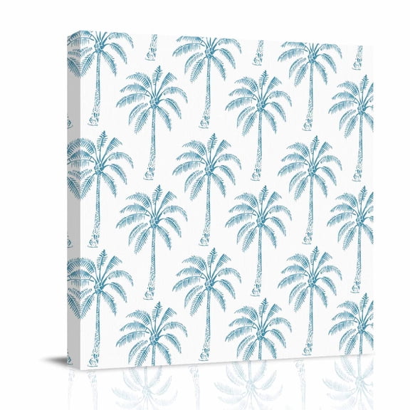 Summer Palm Tree Canvas Wall Art for Living Room, Coastal Beach Minimalist Tropical Navy Blue Teal Tree Leaf Poster Print Painting for Bedroom Office Home Decor Wall Pictures Prepare To Hang 8"x8"