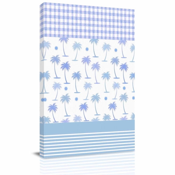 Summer Palm Tree Canvas Wall Art for Living Room, Tropical Blue Coconut Trees Plaid Border Poster Print Painting for Bedroom Office Home Decoration Wall Pictures Prepare To Hang 8"x12"