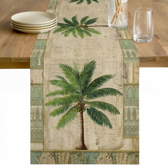 Summer Palm Tree Cotton Linen Rectangle Table Runners 13"x72", Vintage Green Brown Tropical Botanical Coffee Table Runner Dresser Scarves Luxury Table Runners for Wedding Party Banquet Dinner Decor