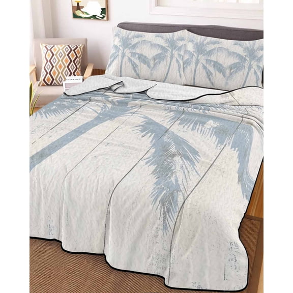 Summer Palm Tree Full Size Down Alternative Comforter, Lightweight Comforter Quilt Bedding Set with Pillow Shams Farmhouse Botanical Tropical Plants All Seasons Bed Comforter Duvet Insert 78"x90"