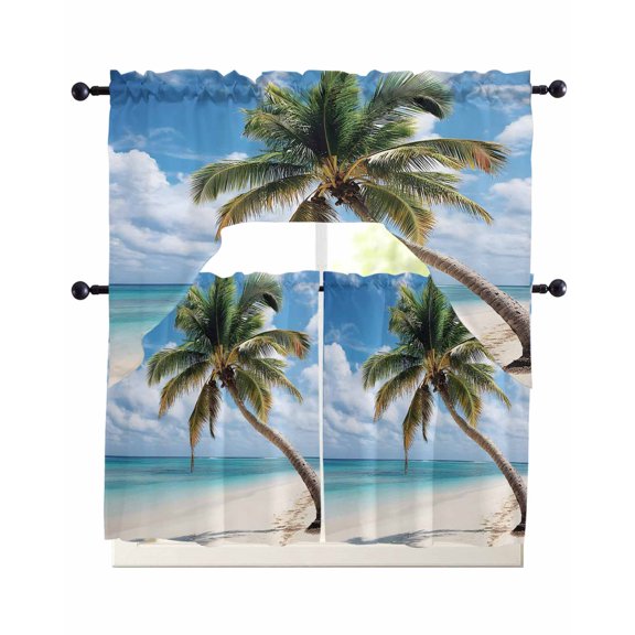 Summer Palm Tree Kitchen Curtains Swag Valance and Tier Curtains Set 36 Inch Length, Sandy Beach Ocean Sky Cloud Plants Rod Pocket Drape Panels Pair Swag Curtain for Bathroom/Cafe/Window