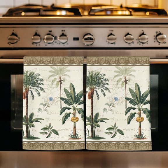 Summer Palm Tree Kitchen Towels Set of 4, Green Brown Tropical Botanical Vintage Absorbent Dish Towels for Kitchen, Microfiber Hand Towel, Quick Drying Tea Towel for Cleaning Decorative Dishcloths