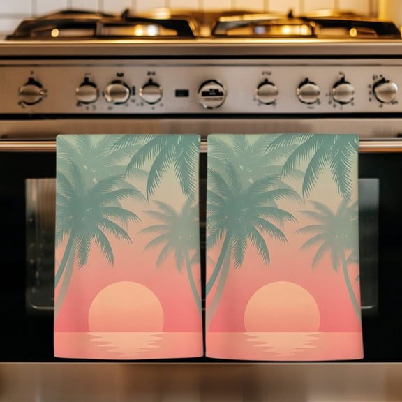 Summer Palm Tree Kitchen Towels Set of 4, Pink Sunset Ocean Sea Boho Tropical Plants Absorbent Dish Towels for Kitchen, Microfiber Hand Towel, Quick Drying Tea Towel for Cleaning Dishcloths