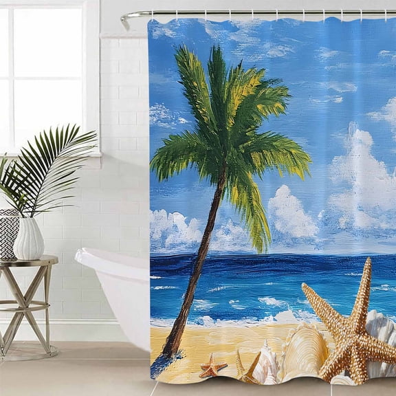 Summer Palm Tree Long Shower Curtain Set, Waterproof Shower Curtains for Bathroom, Beach Ocean Coastal Starfish Shells Washable Fabric Cloth Bath Curtain for Bathtub with Hooks 72x84 Inches