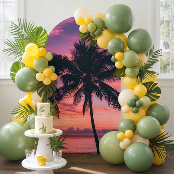 Summer Palm Tree Ocean Arch Backdrop Cover Stretchy Spandex Arch Cover 6ft, Coastal Beach Sunset Scenery Round Top Chiara Stand Covers for Wedding Birthday Party Ceremony Banquet