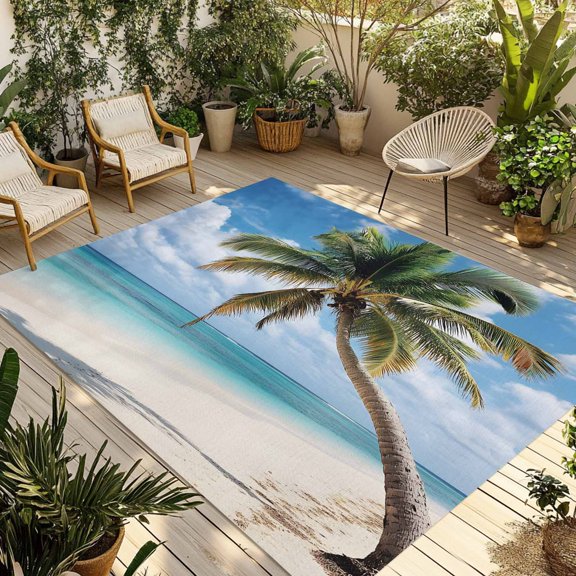 Summer Palm Tree Outdoor Rug 5x8 Ft - Reversible Patio Rug Outdoor Camping Rugs, Sandy Beach Ocean Sky Cloud Plants Washable Indoor Outdoor Area Rugs, Non-Slip Outdoor Carpet Runner for Deck/Porch